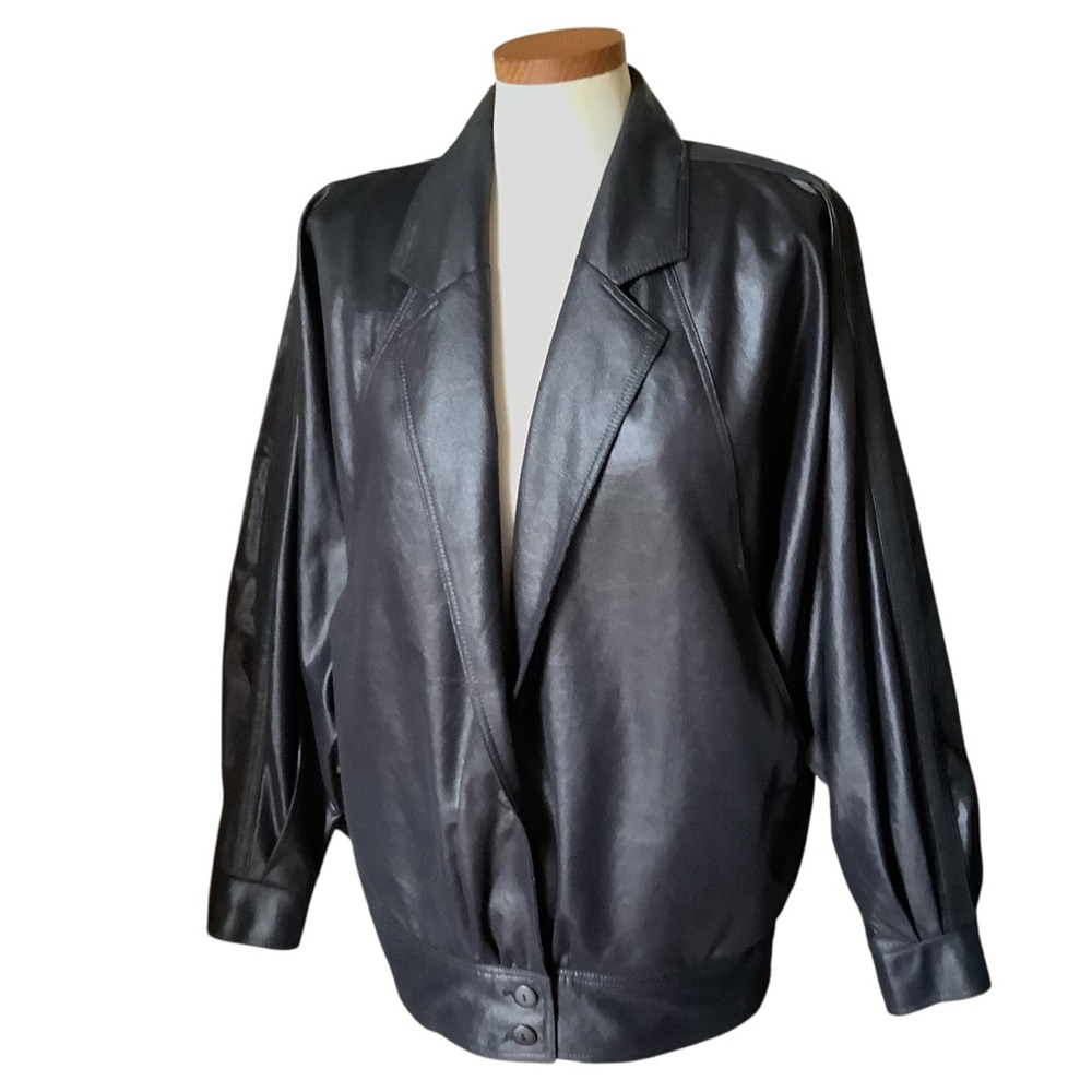 Vintage 80s Pierre Lamonte Lightweight Faux Leather Batwing Sleeve Jacket Black